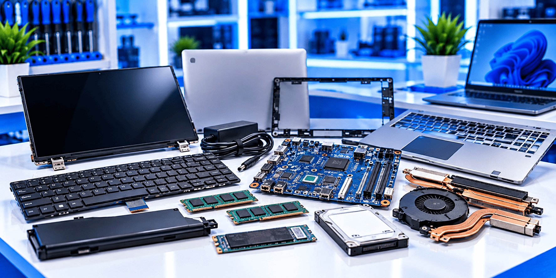 Laptop spare parts in Chennai including keyboard, battery, motherboard, RAM, SSD, display and cooling fan