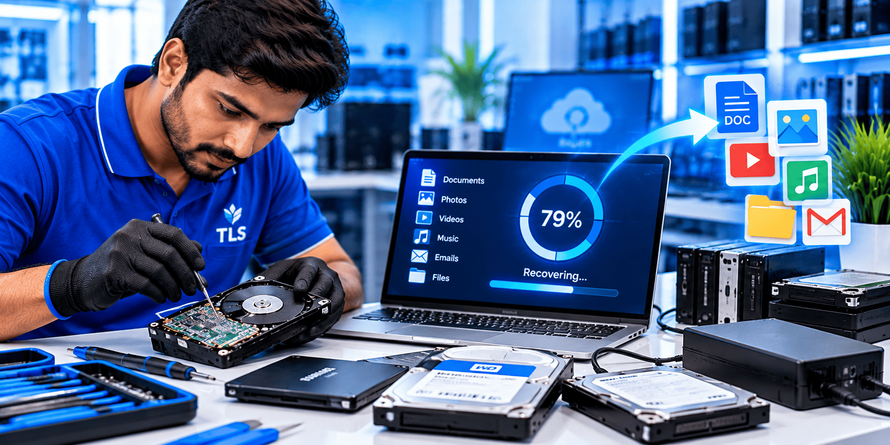 Laptop data recovery service in Chennai with technician recovering files from a storage drive