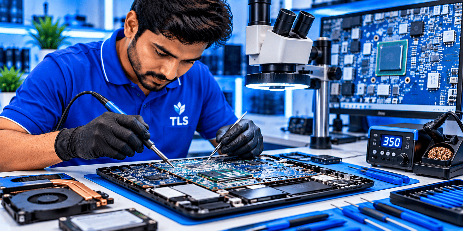 Laptop motherboard repair service in Chennai with technician performing chip-level repair