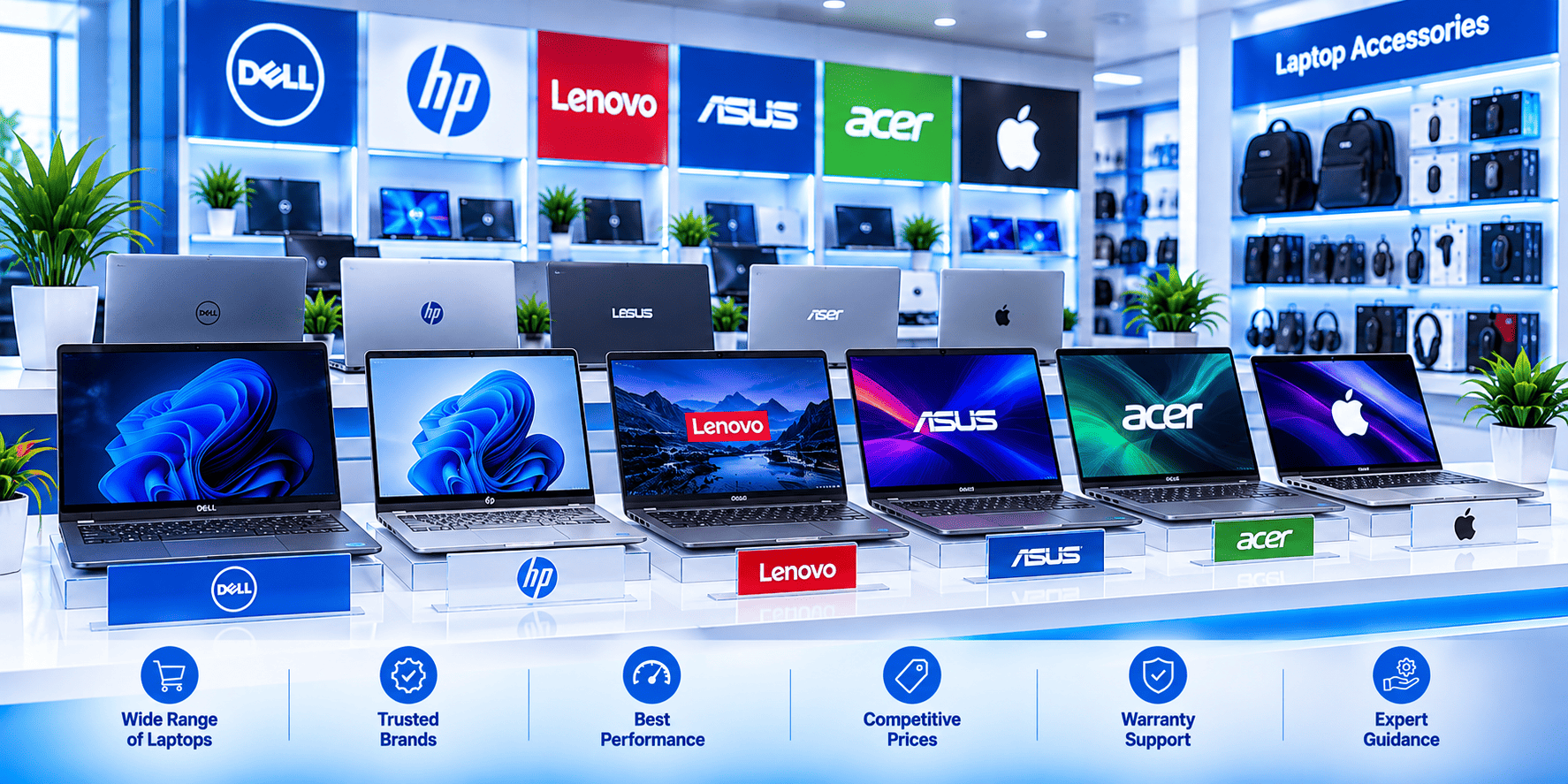 Laptop sales store in Chennai displaying Dell HP Lenovo ASUS Acer and Apple laptops