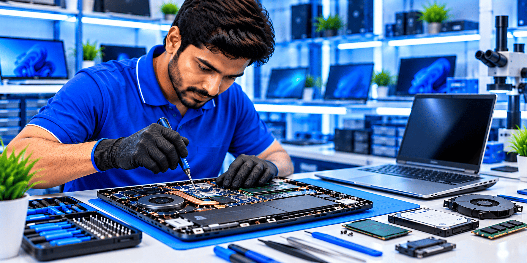 Laptop repair service in Chennai with technician repairing internal laptop components