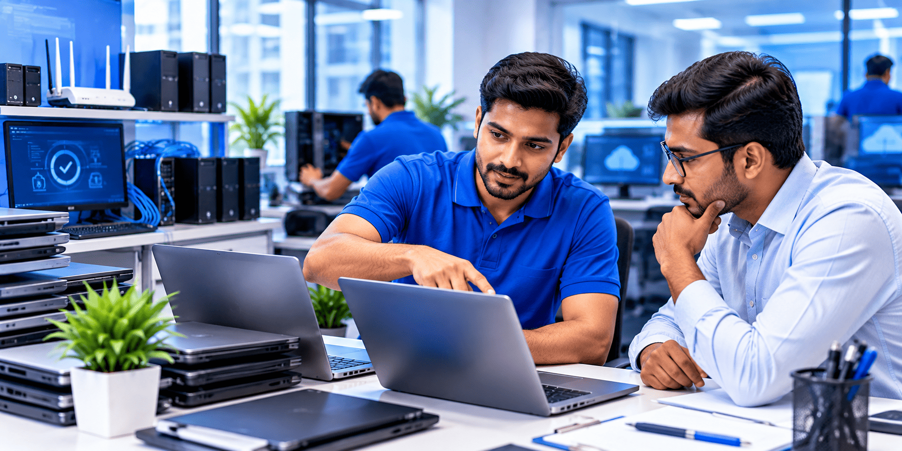 Business IT support service in Chennai with technician assisting a client using laptops