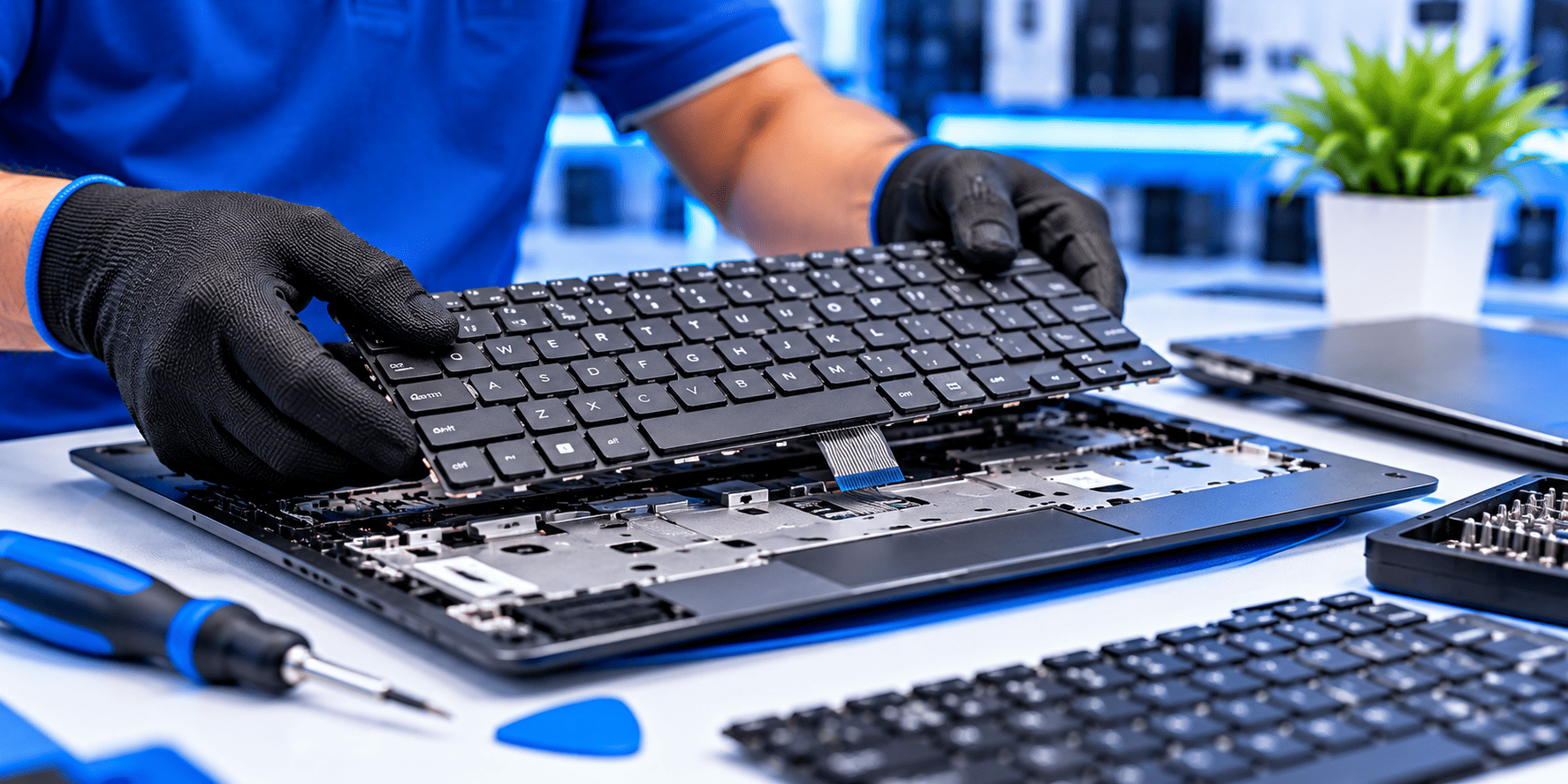 Laptop keyboard replacement service in Chennai with technician installing a replacement keyboard